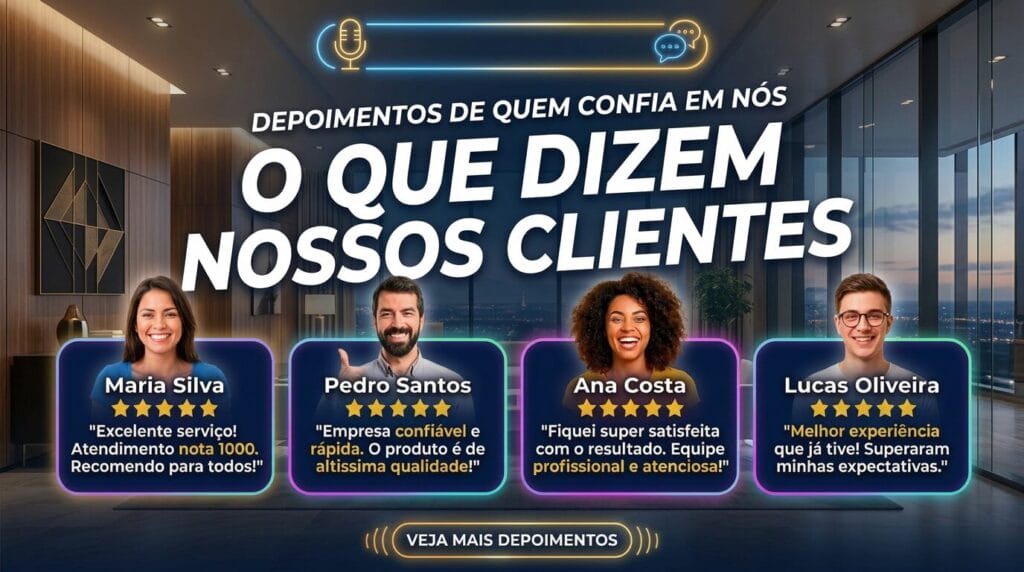 Customer testimonials with five-star ratings and comments from Maria Silva, Pedro Santos, Ana Costa, and Lucas Oliveira